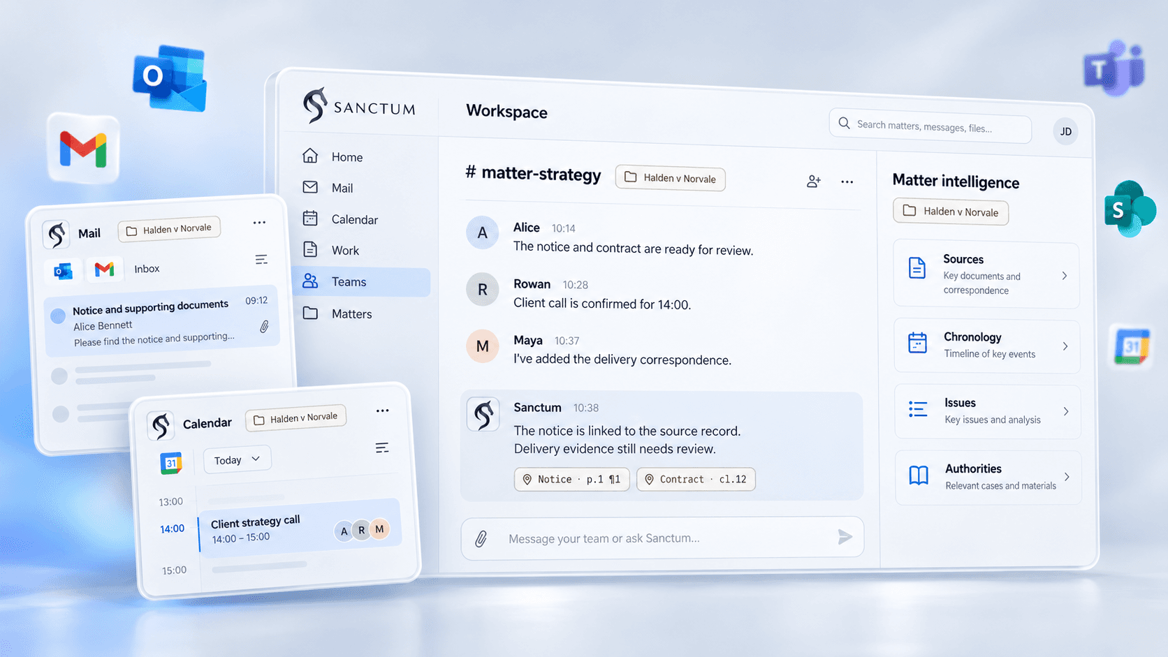 Sanctum Workspace with Mail, a team conversation, Calendar and the connected matter intelligence record.