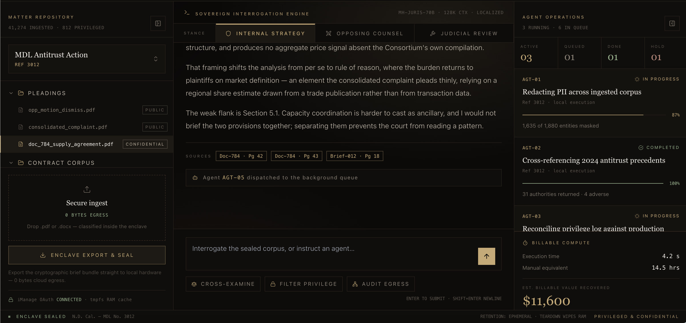 The Sanctum Lex console with a matter open and agents running.